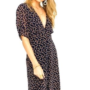 ASTR the label Navy & Rust Bitsy Print Floral Midi Dress Button Front Women's XS